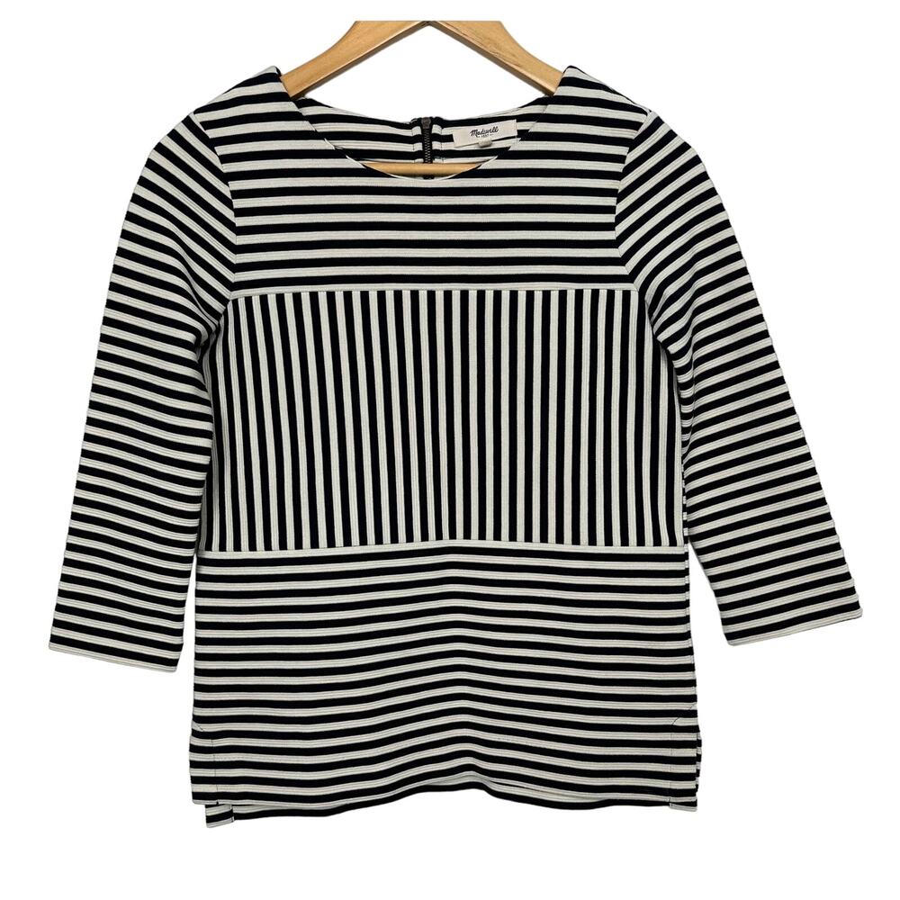 Madewell Women's Size XS Black/White Striped Knit 3/4 Sleeves Back Zip Blouse